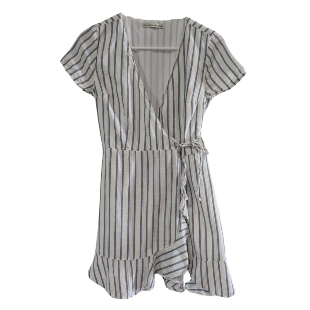 Abercrombie & Fitch Women's Wrap Dress XS Short Sleeve White Gray Blue Stripe